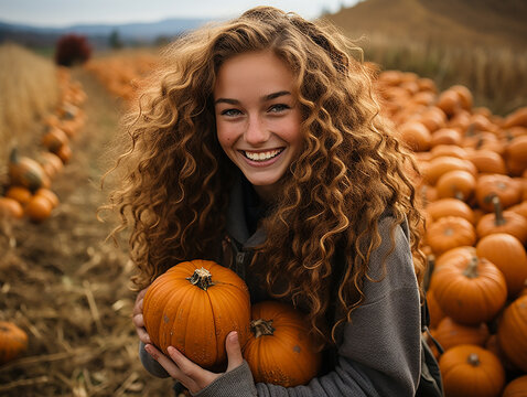 girl picking pumpkins