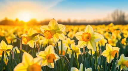 A field of yellow daffodils swaying in the breeze under a clear blue sky. © Sebastian Studio