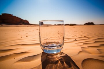 Empty water glass in desert sand drought climate change global warming concept. Mirage of fresh drink in hot summer day