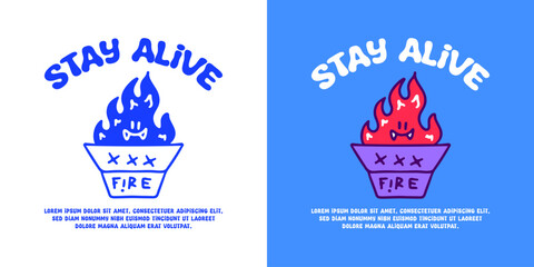 Cool fire inside bucket hat with stay alive typography, illustration for logo, t-shirt, sticker, or apparel merchandise. With doodle, retro, groovy, and cartoon style.