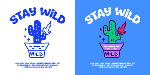 Burning cactus inside bucket hat with stay wild typography, illustration for logo, t-shirt, sticker, or apparel merchandise. With doodle, retro, groovy, and cartoon style.