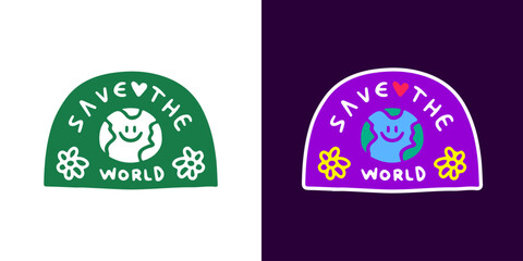 Cute earth planet with save the world typography, illustration for t-shirt, sticker, or apparel merchandise. With doodle, retro, groovy, and cartoon style.