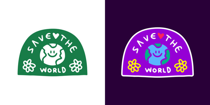 Cute earth planet with save the world typography, illustration for t-shirt, sticker, or apparel merchandise. With doodle, retro, groovy, and cartoon style.