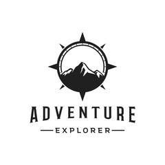 Retro vintage adventurer Logo design with arrow, mountain and compass concept.Logo for climber, adventurer, label and business.