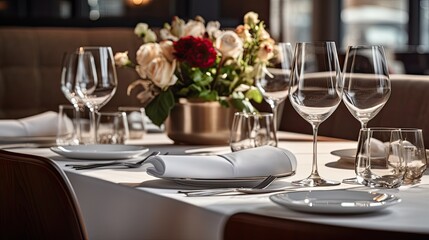 Table setting with empty glasses and a bouquet of flowers. Elegant and refined restaurant table. Part of the interior. Illustration for cover, postcard, interior design, decor, advertising, marketing.