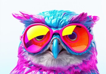 A cute multicolored toy owl with glasses isolated on a white background. Plastic toy figurine of rainbow-colored eagle-owl made of ceramics, plasticine, other material. Can be printed on any products.