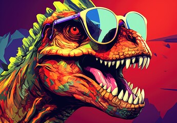 A toothy tyrannosaurus rex with glasses is painted. Close portrait of a stern T-Rex monster. Funny fashion prehistoric lizard. Digital art. Printable design for t-shirt, bag, postcard, case, etc.