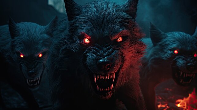 Aggressive alpha black wolf with red eyes. Pack of wild wolves. His eyes are burning. Mythical animal - warg. Werewolf face closeup. Evil looking dog. Illustration for varied design.