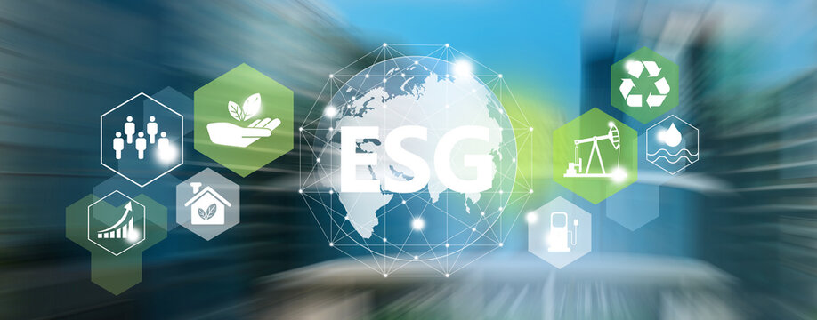 ESG investment strategy concept. Ecology icons with ESG sign and planet Earth illustration. Motion blur of skyscrapers background.