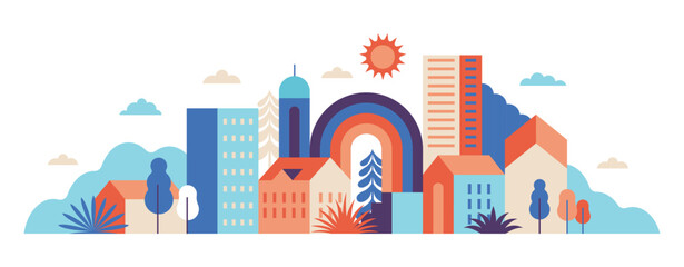 Vector simple flat illustration, summer vacation, tropical hotel,  geometric summer pattern and banner, sun travel, landscape with island scenery with houses, horizontal banner