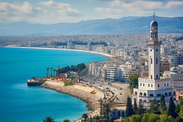 Algeria's historic waterfront landmark at the Admiralty in Algiers - A stunning view of city, coast, architecture, and lighthouse amidst the blue landscape - obrazy, fototapety, plakaty