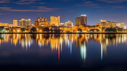 Fototapeta na wymiar Panoramic Night View of Wilmington Skyline Reflected in Christiana River, Delaware - Travel, Business and Architectural Scenery in America