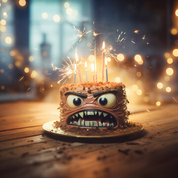 Angry birthday cake face with sparkling candles