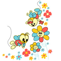 two bees flying and the one surrounded by several colorful flowers