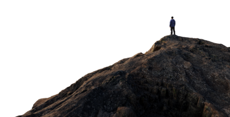 Adventure Man Hiker on Mountain Top Peak. PNG Cutout for composite. 3d Rendering Cliff