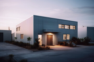 Exterior of a warehouse with an office unit. Large industrial or commercial buildings. Generative AI