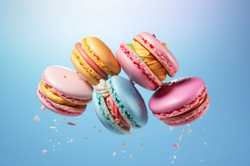 Macaroons in motion falling. Sweet colorful french macaroons levitation in the air. Generative AI