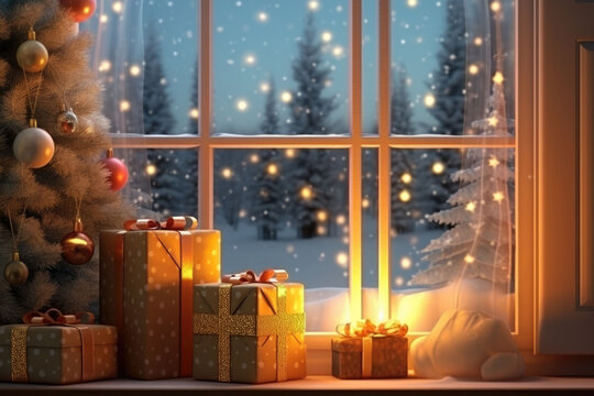 Christmas tree, gifts and decorations. Window with christmas lights in the background. AI generated