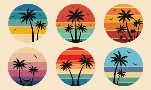 Vector set of retro 80s sunset with pal trees silhouettes.Tropic summer sundown . Vector illustration for design and print