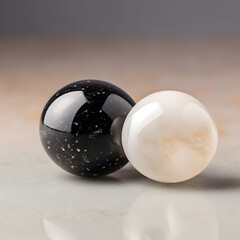 Close up of black and white polished  meditation marble balls isolated on light background. Zen like relaxation and meditation concept. 