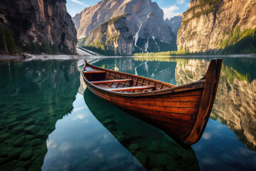 Fototapeta premium Wooden rowing boat on scenic lake with mountains in background. Generative AI