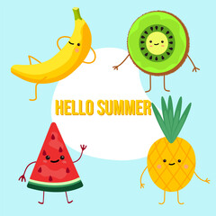 Collection of cute summer fruits in cartoon style