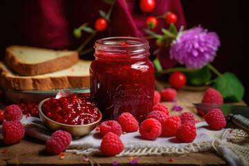 Jar of raspberry jam and fresh berries. Generative AI