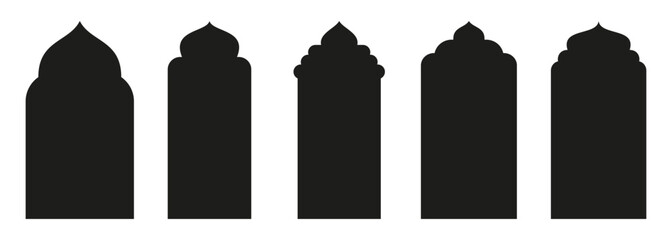 Shape Islamic door and window silhouette Arabic arch. Collection of patterns in oriental style. Frames in Arabic Muslim design for Ramadan Kareem. Vector mosque gate shape isolated on white background