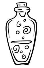 Outline magic bottle, chemistry, alchemist, poison, liquid, elixir. Children coloring book, coloring page. Vector illustration.