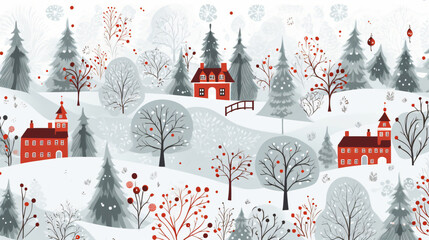 Winter landscape illustration features three red houses surrounded by trees and bushes.