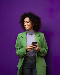 Fototapeta na wymiar Woman with Phone by Purple Wall. Generative AI.