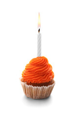 Delicious Birthday cupcake with candle on white background