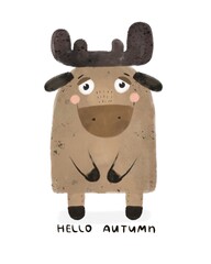 hello autumn. Cartoon moose, hand drawing lettering. Colorful illustration, flat style. design for cards, print, poster