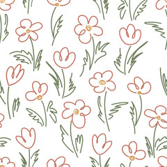 Seamless pattern Set Flowers Children's freehand drawing. Field, meadow, garden, different bright flowers, grass on a white background. Drawing in children's doodle style.