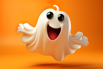 Cute smiling halloween ghost on orange background.