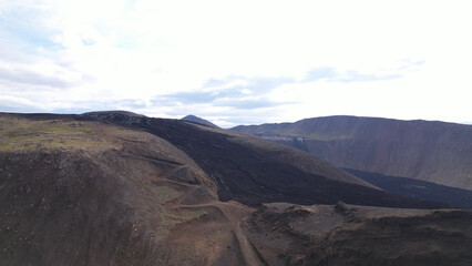 The Fagradalsfjall volcano crater and lava field at Reykjanes, Iceland. Huge lava field from the...
