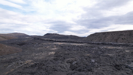 The Fagradalsfjall volcano crater and lava field at Reykjanes, Iceland. Huge lava field from the eruption in 2021.