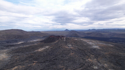The Fagradalsfjall volcano crater and lava field at Reykjanes, Iceland. Huge lava field from the eruption in 2021.