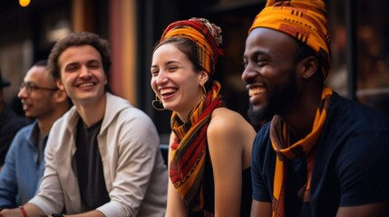 Young people of different nationalities sit on city street having pleasant conversation. African man and Caucasian female and male laugh and chat resting together on blurred background