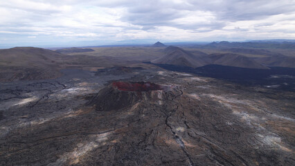 The Fagradalsfjall volcano crater and lava field at Reykjanes, Iceland. Huge lava field from the...
