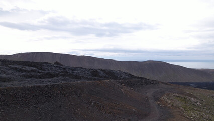 View of cracked lava crust or ingenious rock and steam cooled down from the 2021 eruption of...