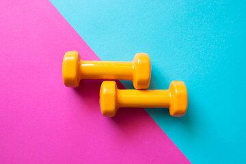 Two dumbbells for sport on the pink blue background.