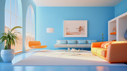 generative ai illustration of an orange and light blue modern living room interior with sofas