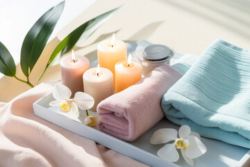 A spa setting with candles, towels, and orchids. The tray contains candles, all of which are lit and have a slight glow. There are two rolled-up towels on the tray. Serene and calming mood. 