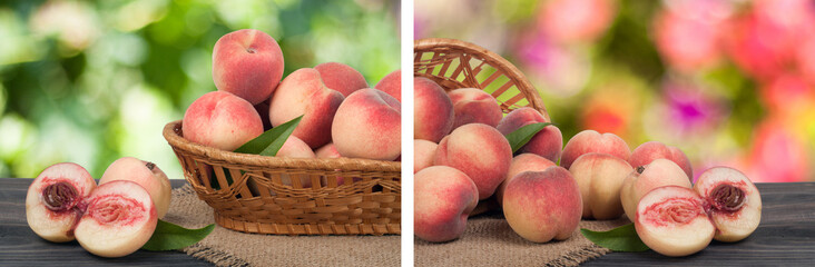 peaches in a wicker basket on wooden table with blurred background