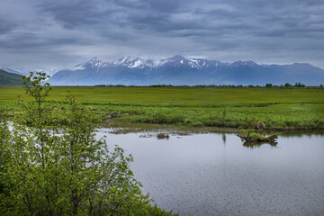 Potter Marsh, a nature preserve near Anchorage, Alaska. The Chugatch Mountains are in the...