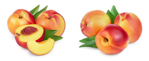 Nectarine fruit and half with leaf isolated on white background cutout