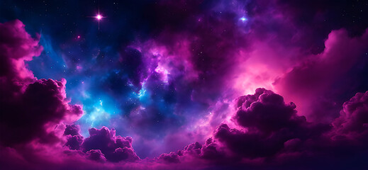 Abstract purple deep space background with cosmic clouds.