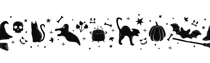 Halloween endless border made of black color silhouettes.Pumpkin,cats,ghost,witch hat,broom,potion,bat,stars,mushrooms,skull.Print on fabric and paper.Vector seamless pattern with doodle elements.