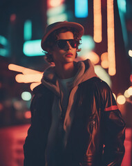 A guy dressed in casual clothes is standing on the street against the backdrop of blurry lights of the evening city. Evening romantic city shot in 80s retro style.